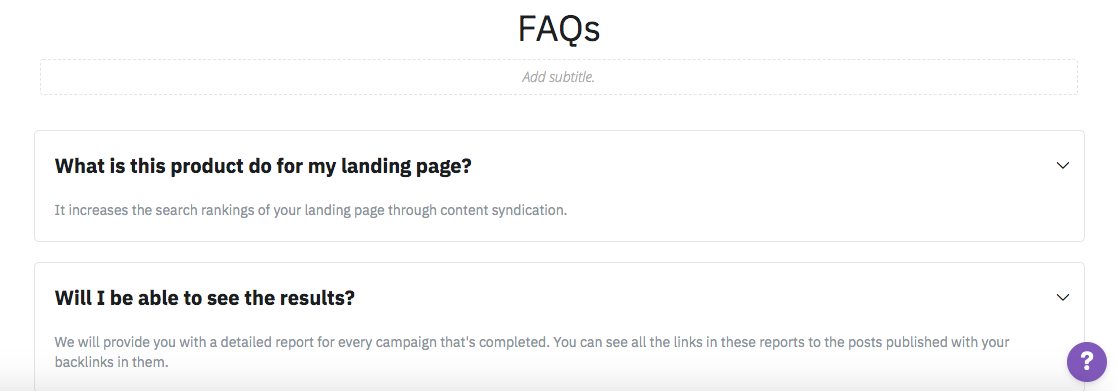 a sample FAQ section built in the Strikingly editor a sample FAQ section built in the Strikingly editor